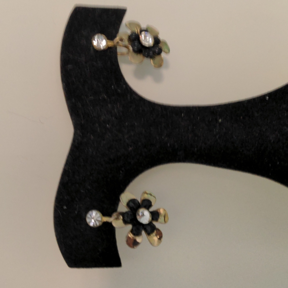 Vintage Screw On Black and Gold Tone Drop Flowers with Rhinestones